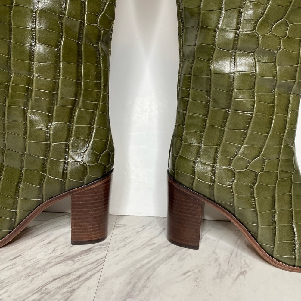 Schutz Maryana Green Crocodile Embossed Tall Block Heel Boot 5B - Picture 9 of 16